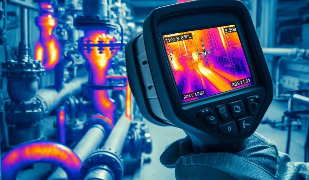 DALL·E 2024-05-09 19.31.42 - A detailed scene of a thermal imaging inspection detecting water leaks. The image features a technician wearing a safety helmet and gloves, holding a