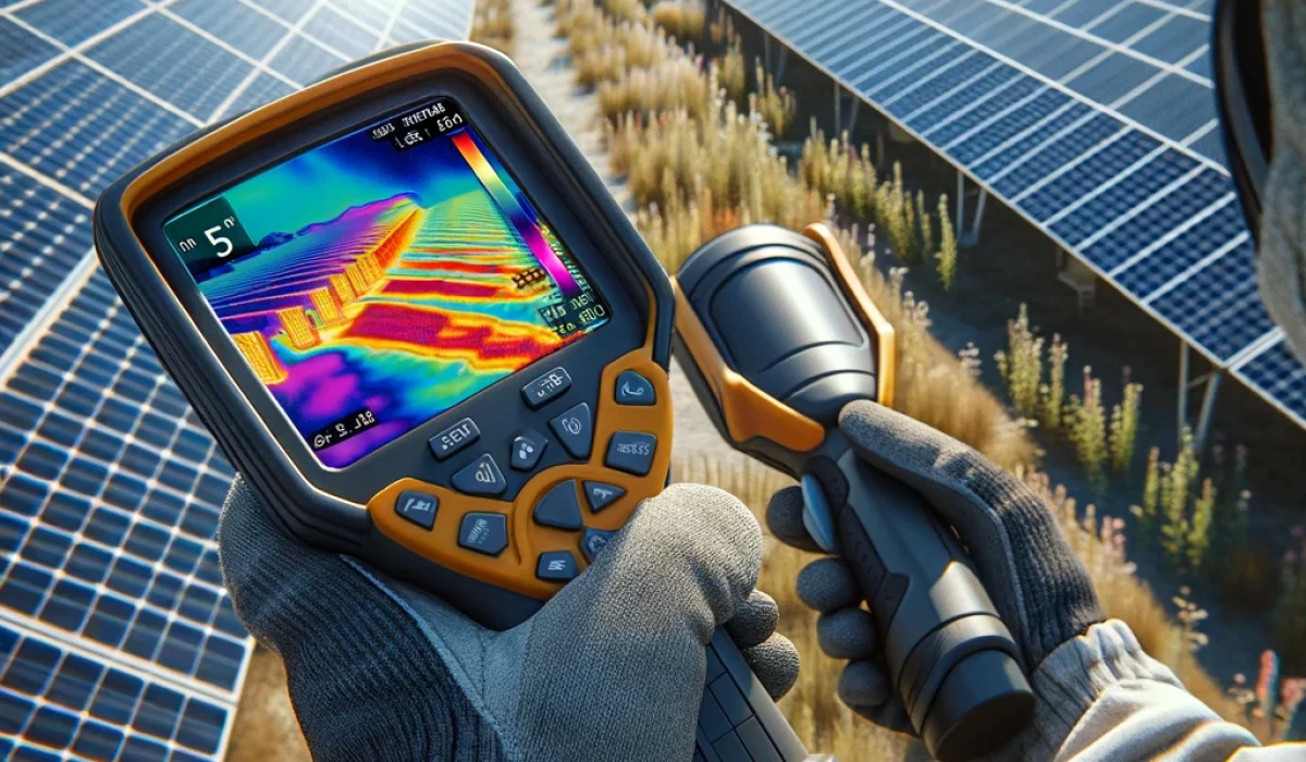 DALL·E 2024-05-09 19.41.42 - A realistic scene depicting a technician conducting thermographic inspection on a solar panel farm. The technician, wearing a safety helmet, gloves, a