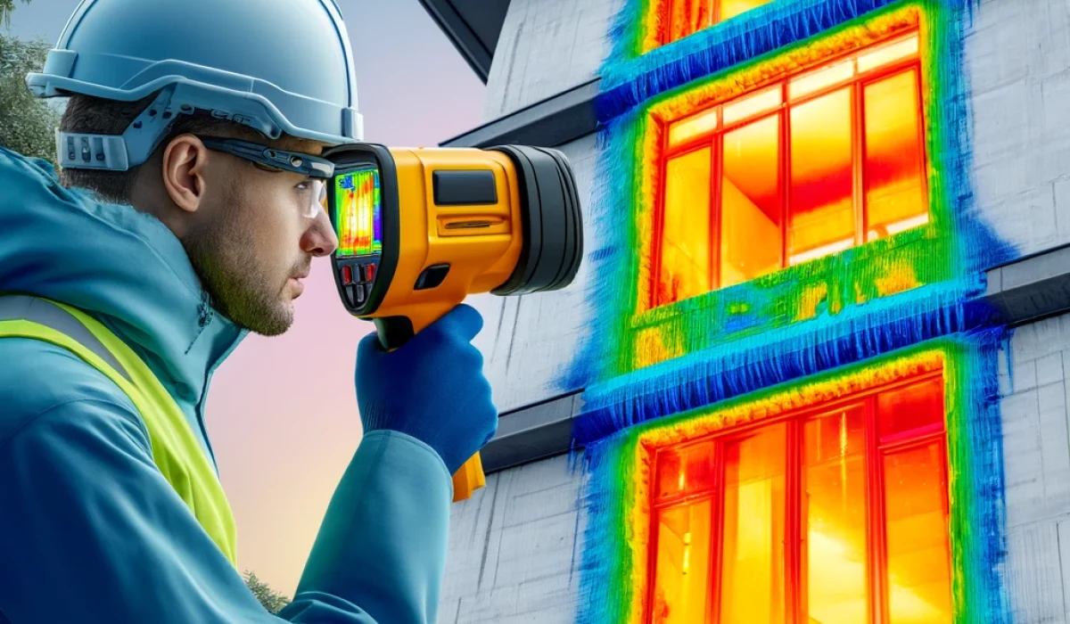 DALL·E 2024-05-09 19.45.11 - A detailed realistic scene of a thermal imaging examination of thermal insulation. The image features an inspector in a hard hat and safety glasses, u