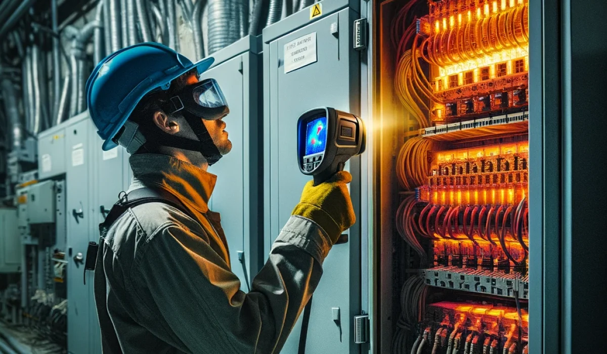 DALL·E 2024-05-09 20.04.24 - A technician conducting thermal imaging on electrical distribution cabinets in an industrial setting. The technician, wearing safety gear including a